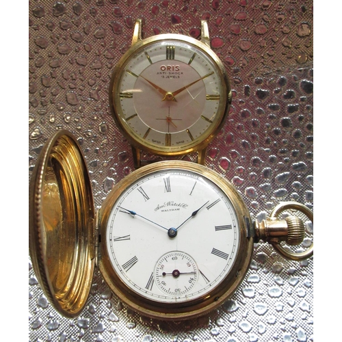 88 - American Waltham Watch Co. top wind gold plated hunter fob watch, signed white enamel Roman dial wit... 