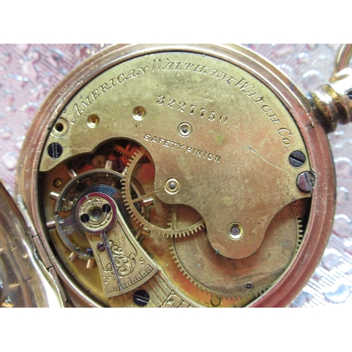 88 - American Waltham Watch Co. top wind gold plated hunter fob watch, signed white enamel Roman dial wit... 