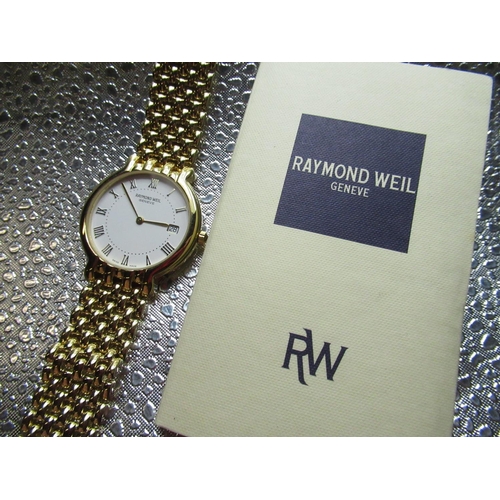 93 - 1990s Raymond Weil Geneve quartz wristwatch with date, gold plated case on integral rice grain brace... 