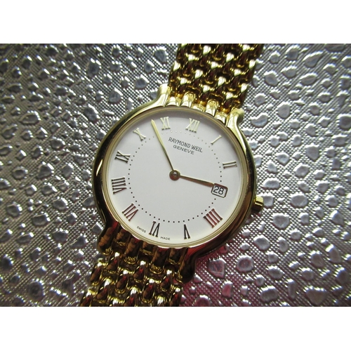 93 - 1990s Raymond Weil Geneve quartz wristwatch with date, gold plated case on integral rice grain brace... 