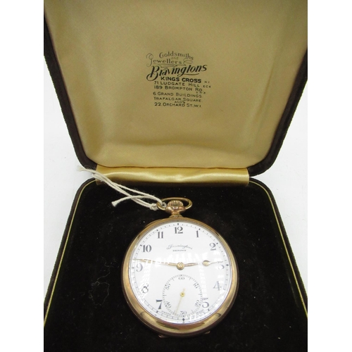 97 - Bravingtons Renown rolled gold keyless open-faced pocket watch, Denison Star rolled gold star case 1... 