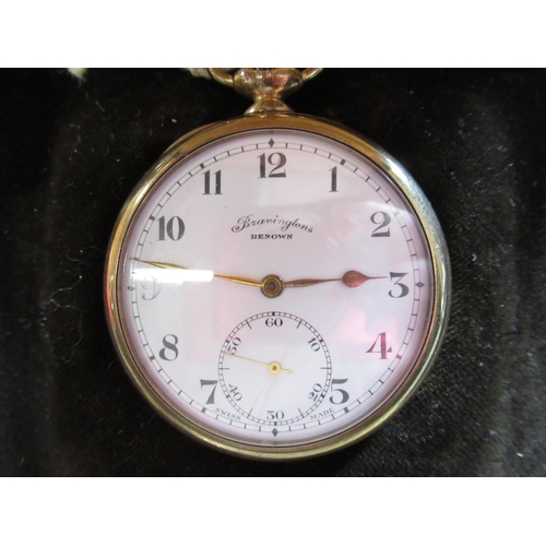 97 - Bravingtons Renown rolled gold keyless open-faced pocket watch, Denison Star rolled gold star case 1... 