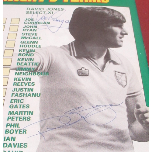 462 - Seven various football programmes signed by Rob Newman,Joe Corrigan, Phil Boyer, Nobby Stiles, Mark ... 