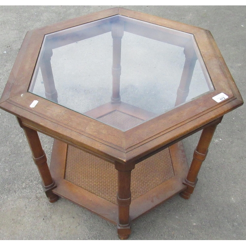572 - 20th century Walnut finish Colonial style hexagonal top two tier occasional table with inset glass t... 