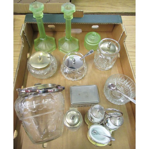 131 - Victorian painted opaque glass three piece cruet on EPNS stand, other EPNS mounted glassware etc