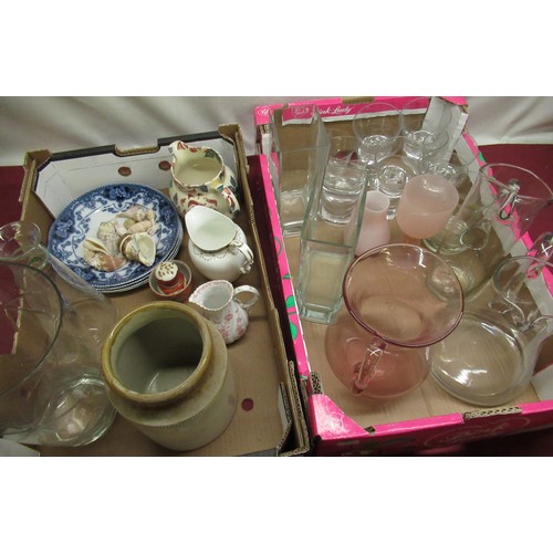 143 - Bridgewater Spongeware jug, pink tint water jug, other decorative ceramics and glass etc (2 boxes)