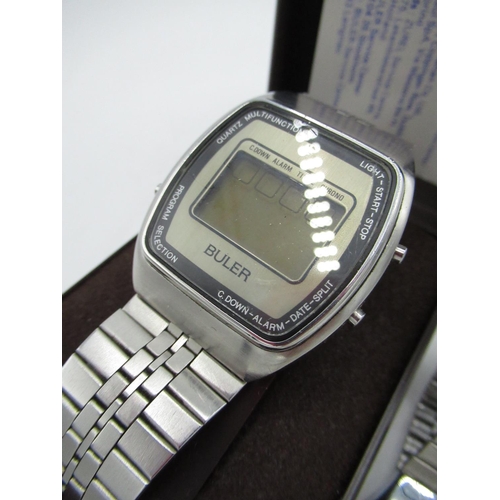 81 - Buler early  1980s LCD quartz wristwatch. Stainless steel case on matching stainless steel flat link... 