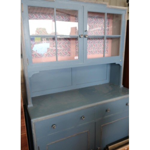 665 - Vintage blue painted finish kitchen dresser with two glazed doors above two drawers and two panelled... 