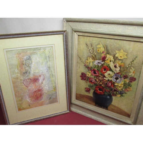 526 - L. Challender (British, C20th); Daffodils and Anemones, oil on board, and a mid C20th mixed media st... 