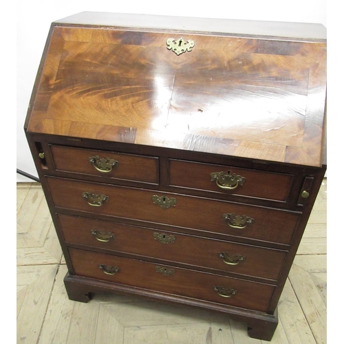 638 - George III style mahogany bureau, curl veneer crossbanded ball front interior, above two short and t... 