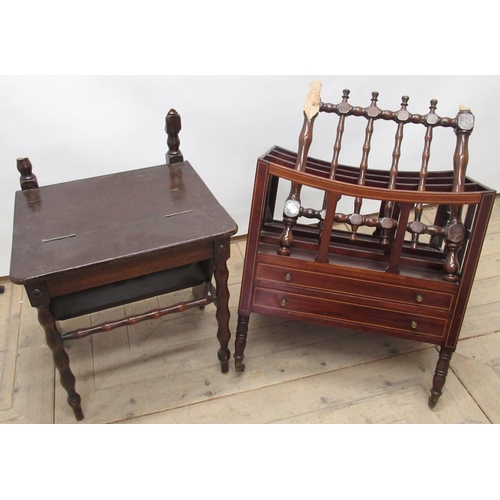 642 - Edwardian inlaid mahogany three division Canterbury, with two drawers, on ring turned tapering suppo... 