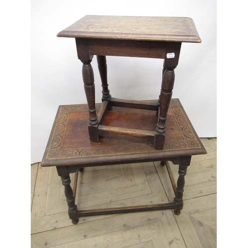 645 - C17th style oak joint stool, with moulded top on turned supports joined by stretchers, W46cm D27cm H... 