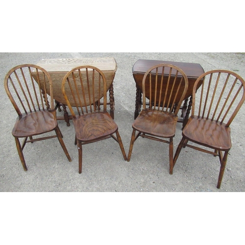 655 - Two C20th oak drop leaf dining tables, both with D shaped leaves on barley twist supports, W88cm D11... 