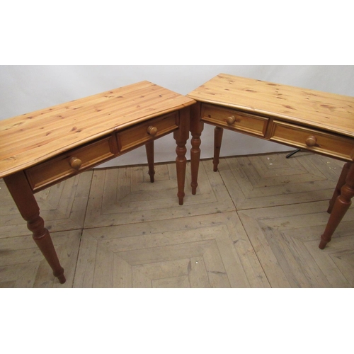 656 - Pair of modern pine side tables, inverted bow front tops above two drawers with turned wooden handle... 