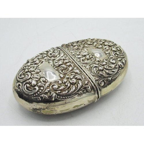 1192 - C20th sterling silver part lobed spirit flask, outer repousse with wrythen scroll decoration, stampe... 
