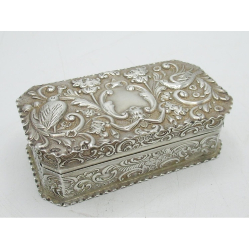 1182 - Victorian hallmarked sterling silver rectangular dressing table box, repousse decorated with birds a... 