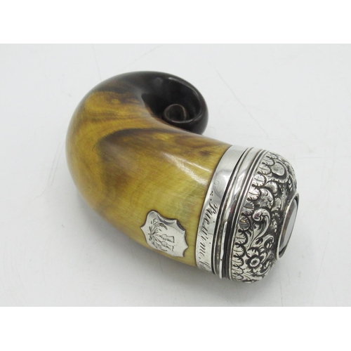 1166 - Victorian white metal mounted rams horn snuff mull, hinged repousse lid set with flowers and scrolls... 