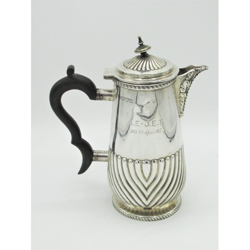 1157 - Geo.V hallmarked Sterling silver coffee pot part lobed body and lid, gadrooned rim and circular pede... 