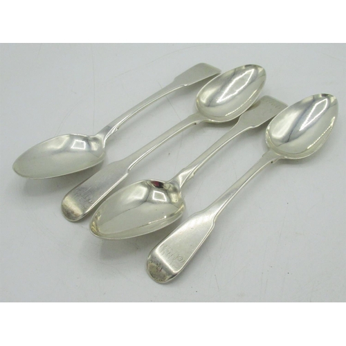 1186 - Set of four Geo.III hallmarked sterling silver Fiddle pattern dessert spoons, initialled, by Fuller ... 