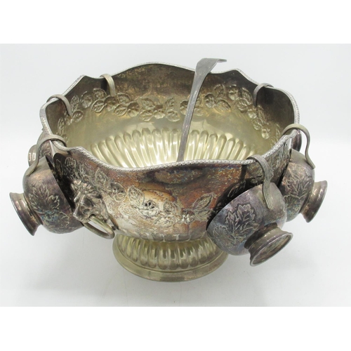 1181 - C20th EPNS circular punch bowl with garlands of repousse flowers, shaped gadrooned rim and lion mask... 