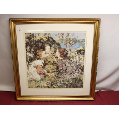 70 - Large modern framed and glazed print of three girls in a field, 52cm x 52cm