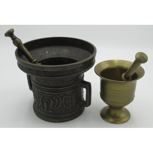 191 - Patinated brass C15th style apothecary mortar and pestle D15.5cm H13cm, late C20th brass apothecary ... 