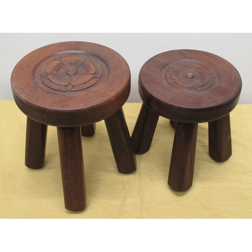 193 - C20th mahogany circular topped stool, carved with Yorkshire rose on four chamfered legs, D19cm H24cm... 