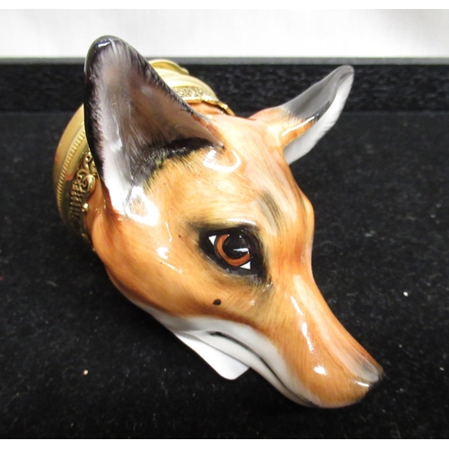 195 - Royal Stafford hand painted stirrup cup, modelled as foxes mask with gilt metal pierced hinged cover... 