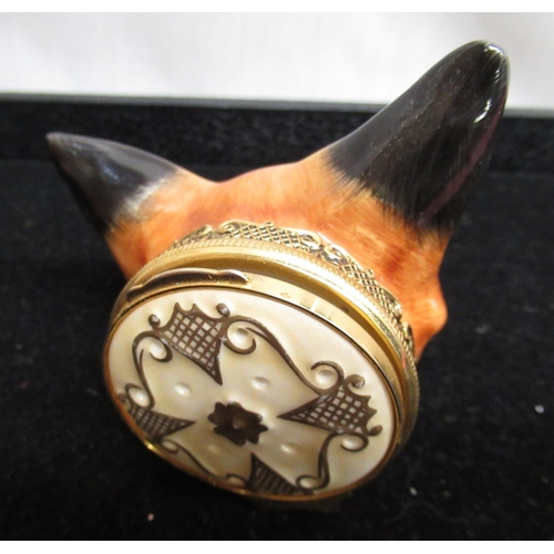 195 - Royal Stafford hand painted stirrup cup, modelled as foxes mask with gilt metal pierced hinged cover... 