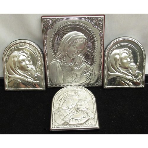 198 - C20th Italian hallmarked silver icon, relief decoration with Madonna and Child, H14cm, three similar... 