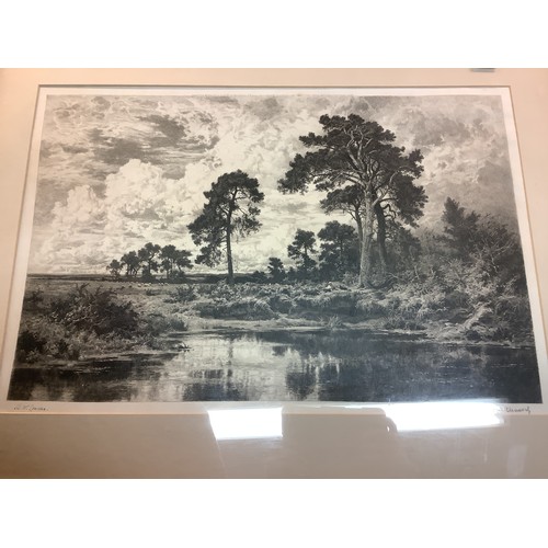 81 - B. W Leader, countryside scene with girl under a tree with dog, black and white engraving, W98.5cm H... 