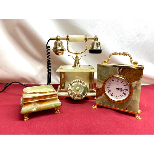 304 - Onyx telephone, mantel clock and hinged trinket box (3)