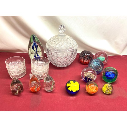 328 - Collection of Caithness & Murano style paperweights, a Nachtmann lidded cut glass bowl with six glas... 