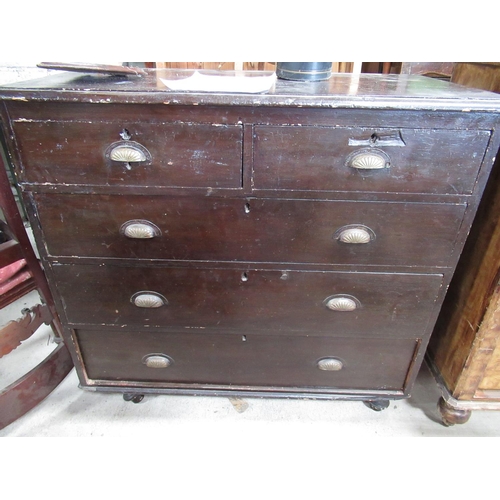 597 - Victorian painted pine chest of two short above three long drawers, with brass cup handles and on tu... 