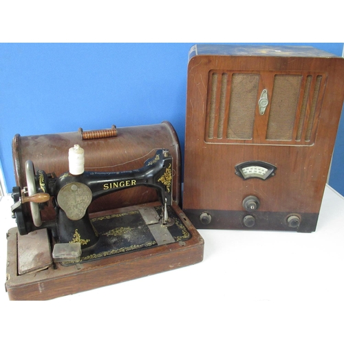 603 - Singer hand sewing machine in domed oak case no. F4598887 and a Cossor valve radio in walnut case H4... 