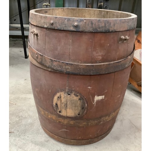 593 - Vintage coopered oak barrel, with four metal bands, D44cm H60cm