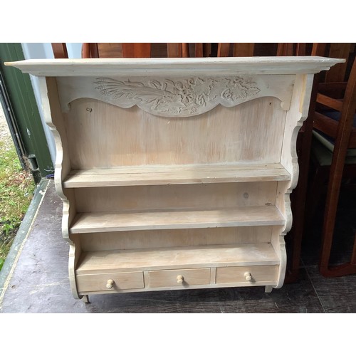 663 - Vintage painted wall rack, shaped cornice with two shelves above three drawers, W88cm H92cm, two par... 