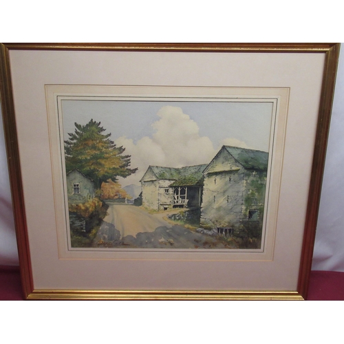 1366 - Alfred Gill (British, 1897-1981); Autumn farm buildings with hills beyond, watercolour, signed, 36cm... 