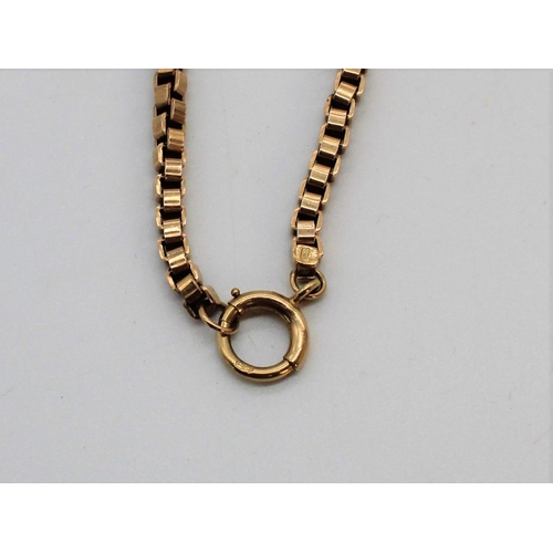 1117 - 9ct yellow gold box link muff chain with spring ring clasp stamped 9K, 157cm, 122.8g