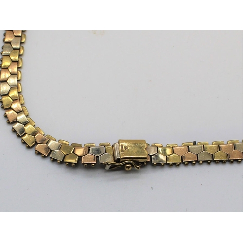 1120 - 9ct three tone night and day gold articulated necklace, engine turned white, yellow and rose gold in... 