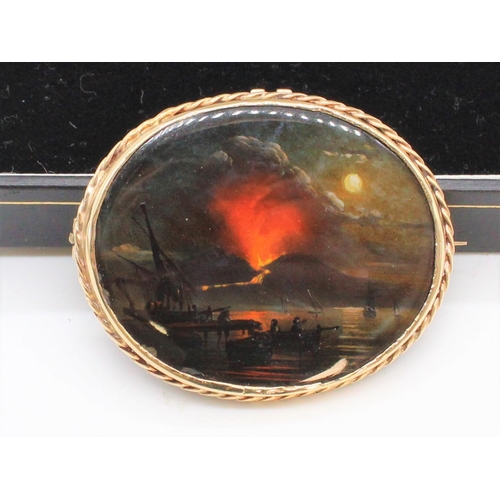 1127 - C19th Grand Tour oval miniature brooch/pendant, hand painted with a night study of Vesuvius erupting... 