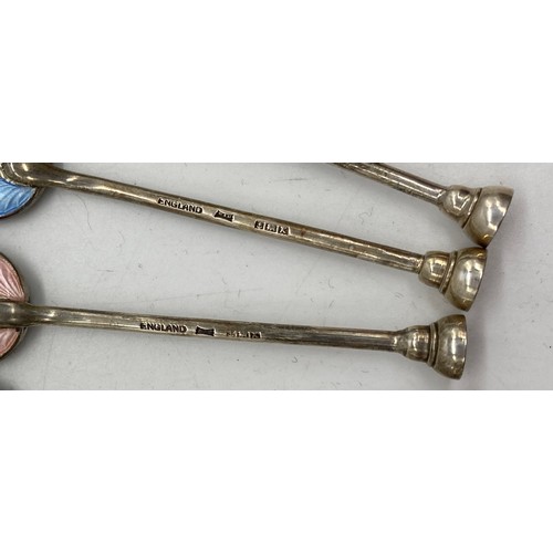 1185 - Cased set of six ERII hallmarked sterling silver seal top coffee spoons with multicolored enamel bac... 