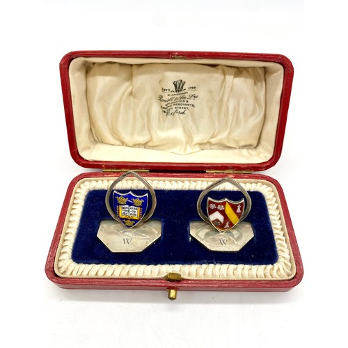 1183 - Pair of Geo.V hallmarked sterling silver and enamel menu holders for Wadham College Oxford and Unive... 