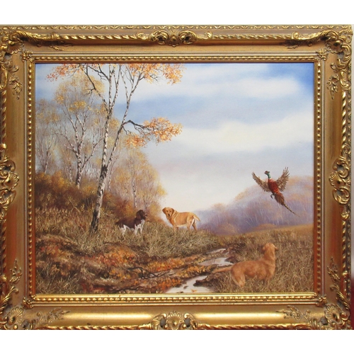 1360 - Royce Harmer (British, C20th); Gun dogs and pheasant in an Autumn landscape, oil on canvas, signed, ... 