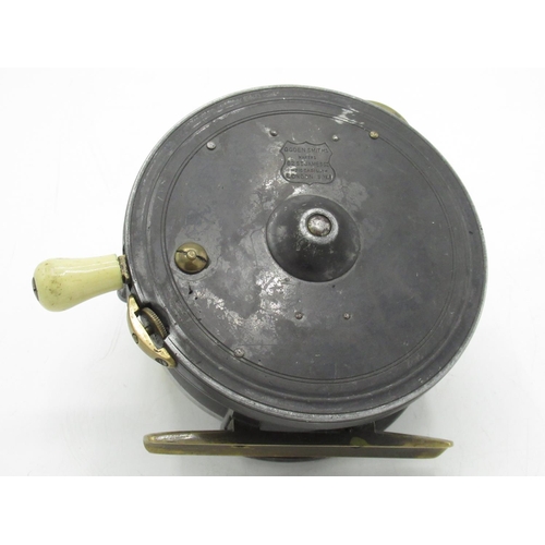 1282 - Ogden Smiths cast alloy wide drum Silex pattern casting reel 41/in rim cut out, with brass foot and ... 