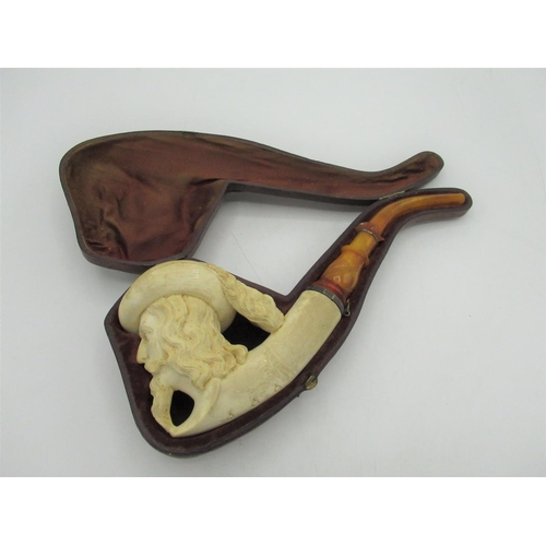 1224 - C19th Meerschaum pipe, bowl carved as the head of a bearded gentleman with plumed hat, L26cm in fitt... 
