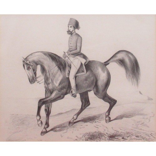 1369 - English School (Mid C19th); Russian officer on horseback, pencil, unsigned, 19cm x 23cm