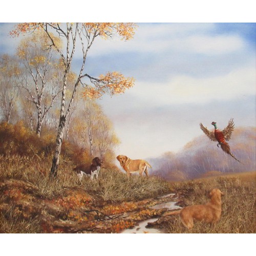 1360 - Royce Harmer (British, C20th); Gun dogs and pheasant in an Autumn landscape, oil on canvas, signed, ... 