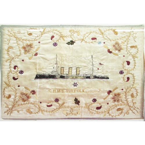 1363 - Early C20th silkwork ships portrait of HMS Suffolk at steam, titled and worked in colours in scrolli... 