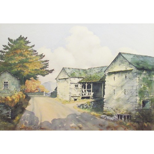 1366 - Alfred Gill (British, 1897-1981); Autumn farm buildings with hills beyond, watercolour, signed, 36cm... 